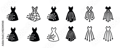 Set of abstract circuit-inspired dress icons in black and white