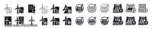 Renewable energy icons: wind, solar, water variations in black and white