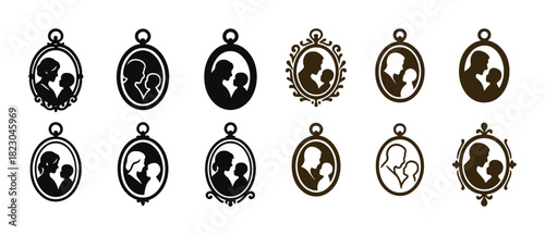 Silhouette portraits of adults holding children in vintage oval frames