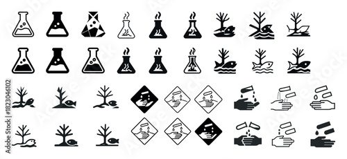 Chemical hazard symbols: flasks, trees, fish, hands, warning signs