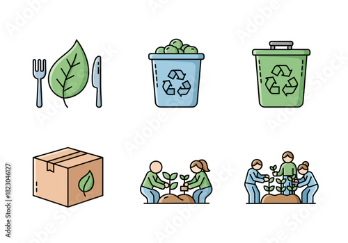 Set of eco-friendly outline icons illustrating sustainable practices, including organic food choices, waste recycling, green packaging, and community tree planting for a healthier planet