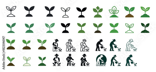 Growing plant icons and farmer silhouettes in varied styles and colors
