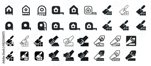 Construction tools and icons illustrating tape measure and trowel designs