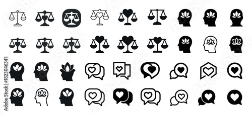 Scales and mind icons: justice and mental health symbols collection