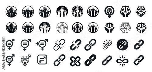 Diverse symbols: hands, equality, scales, links in black and white icons set