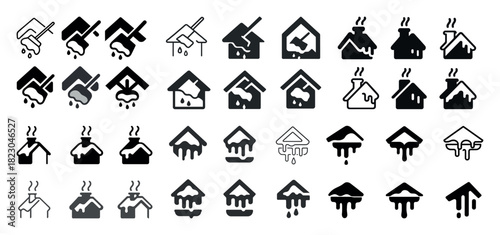 Leakage icons set: roof, house, pipe, water drip, black and white collection