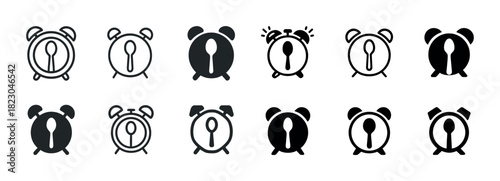 Twelve alarm clock icons with spoon and fork design in black and white
