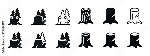 Set of tree stump and forest icons in black and white variations
