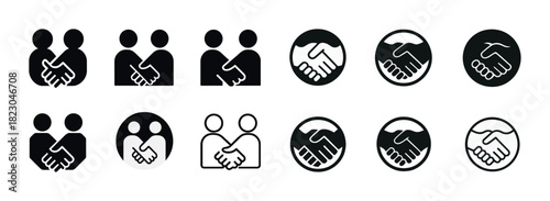 Handshake icon set: symbolic black and white business illustrations