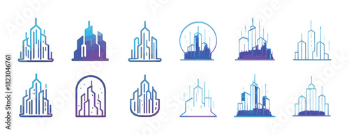 Modern skyline icons set: futuristic building outlines in gradient design