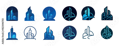Modern cityscape icons in blue tones depicting architectural skyscrapers in various designs