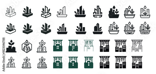 Green city icon set: urban nature integration in various styles