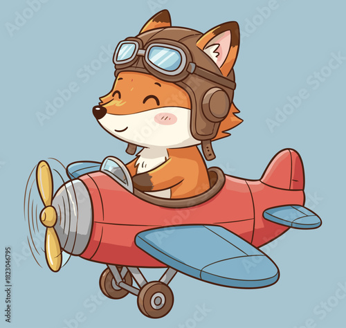 Cartoon fox flying airplane, pilot helmet and goggles, cute animal adventure, sky travel theme for kids - flat vector illustration