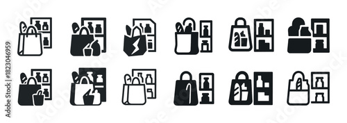 Monochrome shopping bag and product icons collection