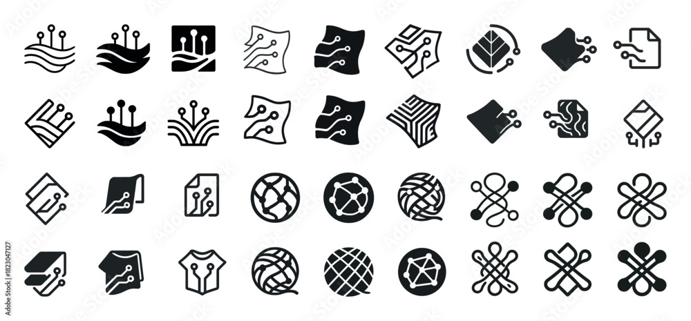 Obraz premium Abstract technology icons set: circuit, network, and geometric designs