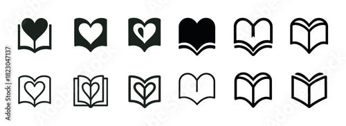 Heart and book icons in various styles and designs