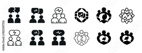 Communication icons set: speech bubbles, heart symbols, teamwork, group discussions