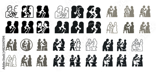 Diverse silhouettes of people engaged in creative activities and conversations