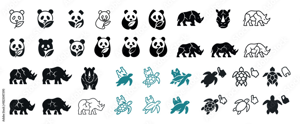 Obraz premium Panda rhino turtle icons collection in black and teal