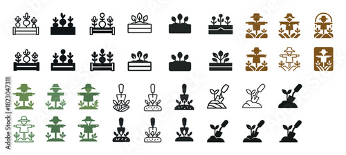 Set of garden icons featuring plants and farming tools in various styles