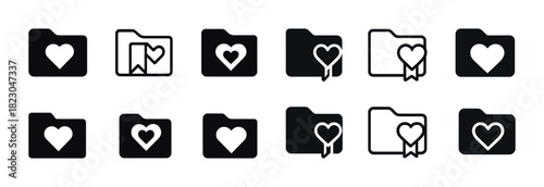 Heart and bookmark folder icons set in black and white