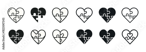 Heart puzzle icon collection: black and white variations