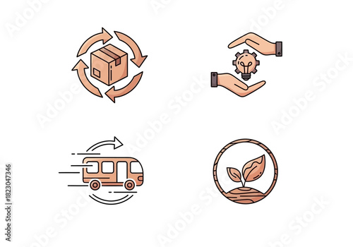 Collection of Eco-Friendly and Business Icons Representing Logistics, Innovation, Transportation, and Sustainability