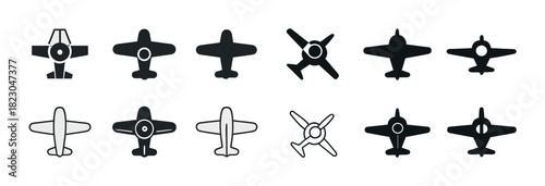 Set of black and white airplane icons in various designs