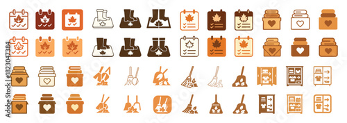 Autumn icons set: leaves, boots, calendars, jars, brooms, wardrobes in brown tones