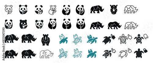 Panda rhino turtle icons collection in black and teal