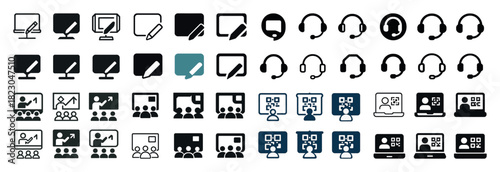 Diverse communication and technology icons set for digital platforms