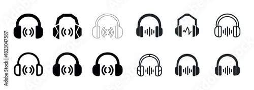 Set of twelve headphone icons with music symbols in black and white variations