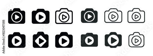 Camera icons with play button in various styles and shapes