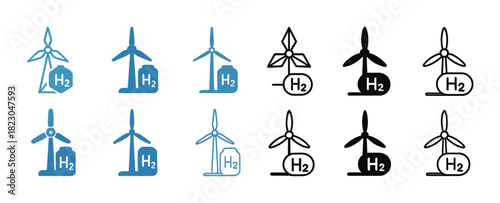 Hydrogen energy icons: wind turbines and h2 tanks in blue and black variations