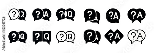 Question and answer icons set in black silhouette style