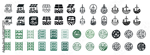 Set of eco-friendly icons featuring plants, solar panels, and leaves
