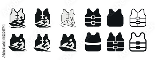 Set of water sports icons featuring life jackets and surfing figures