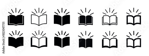 Set of open book icons with radiating lines in various styles