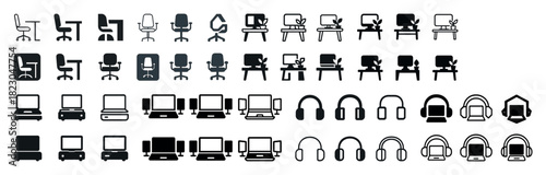 Office furniture and tech icons: chairs, desks, computers, monitors, headphones