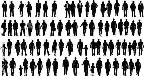Large collection of black silhouettes of walking people, business men, women, families and children isolated on white background, vector illustration.