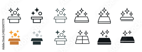 Clean and sparkling icon set featuring boxes and surfaces with stars and circles