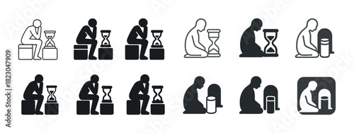 Silhouette icons of people with hourglass illustrating waiting and patience