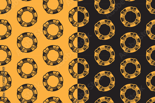 Lifebuoy rescue engraving seamless pattern on yellow black background set for merchandise. Flotation ring with cross strap line art doodle pattern background. Safety buoy cork hatching motif wallpaper