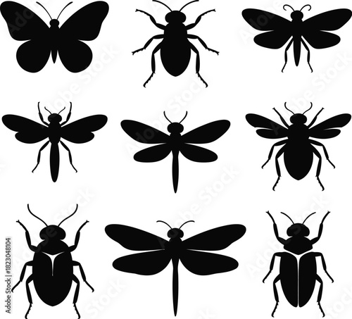 Collection of black insect silhouettes on white background