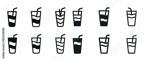 Set of black and white beverage icons with straws in various fill levels