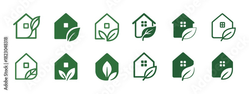 Green eco-friendly house icons with leaf elements
