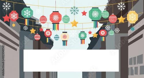 Vector illustration of a festive Christmas scene in South Korea with colorful ornaments and decorations hanging above a city street.