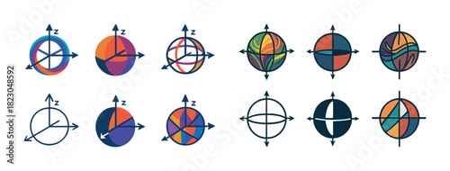Colorful 3d vector axis set with diverse patterns and designs