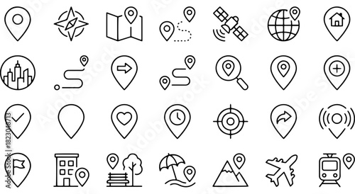Collection of modern line icons for maps, location, navigation, travel, gps, and destination services. Vector
