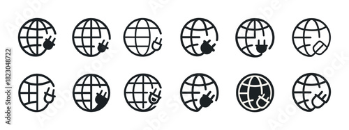 Globe with plug icons representing global connectivity and power connections